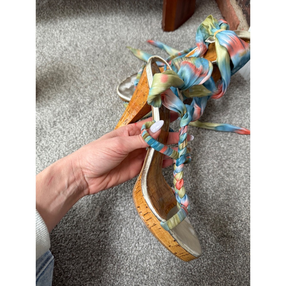 Y2K Tie Dye Ankle Wrap Cork Platform Sandals Multi Color Size 8.5 - Picture 4 of 6